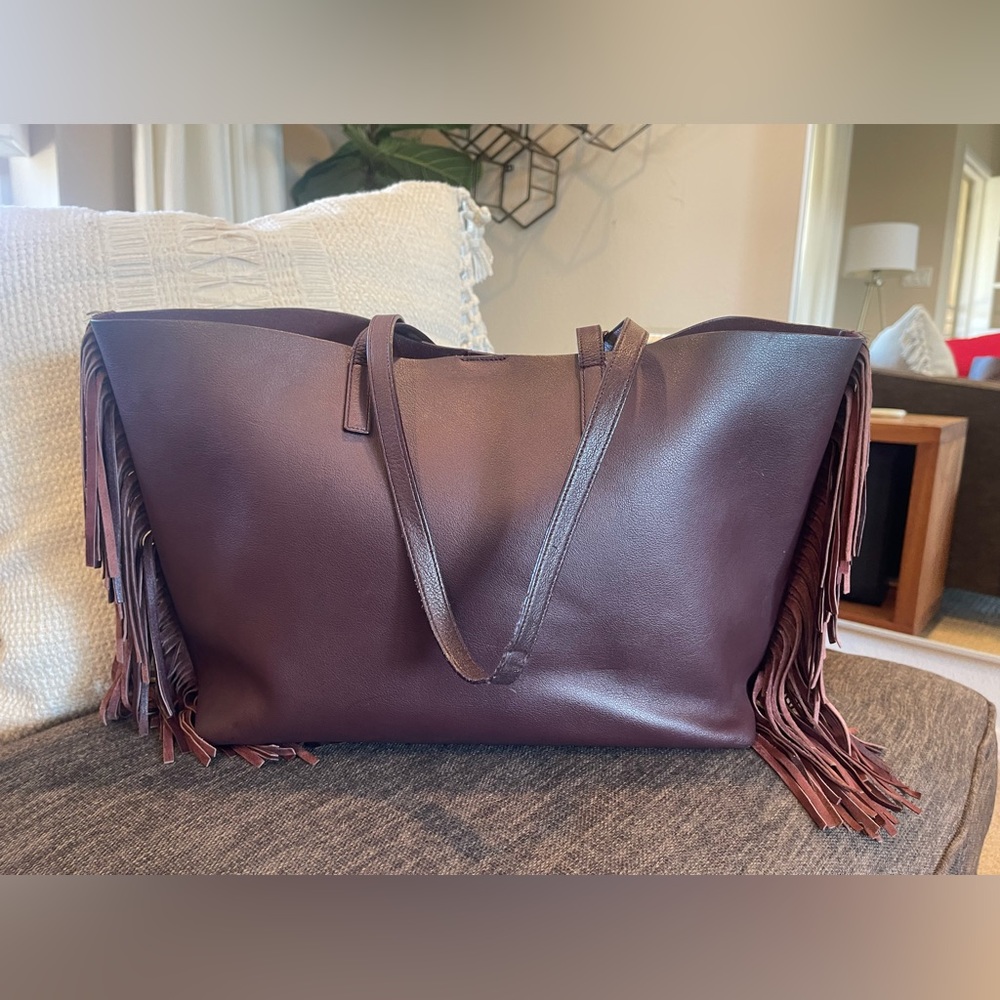 YSL Saint Laurent Large Calfskin Fringe Shopping Tote Bag Maroon - Picture 5 of 15